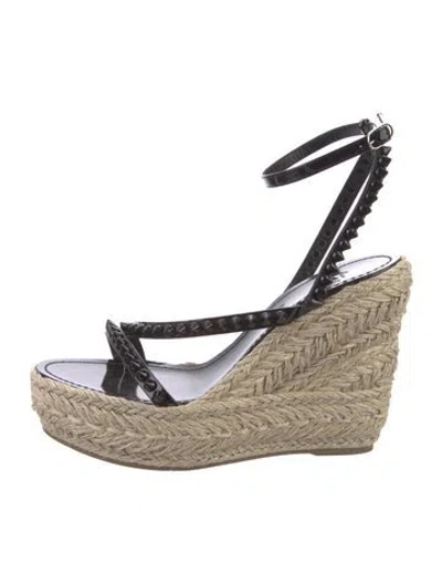 Pre-owned Christian Louboutin Spike Accents Patent Leather Espadrilles In Black