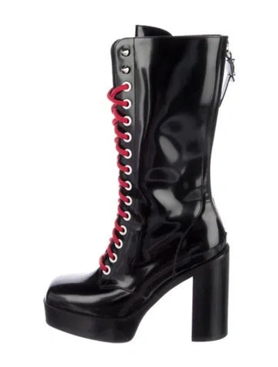 Pre-owned Christian Louboutin Spike Accents Patent Leather Lace-up Boots In Black