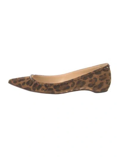 Pre-owned Christian Louboutin Spike Accents Suede Flats In Brown