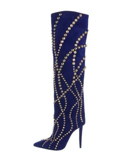 Pre-owned Christian Louboutin Spike Accents Suede Lace-up Boots In Blue