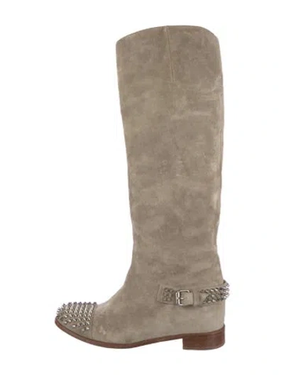 Pre-owned Christian Louboutin Spike Accents Suede Riding Boots In Neutral