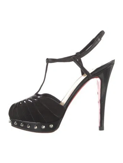 Pre-owned Christian Louboutin Spike Accents Suede T-strap Pumps In Black