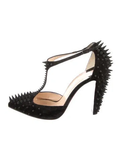 Pre-owned Christian Louboutin Spike Accents Suede T-strap Pumps In Black