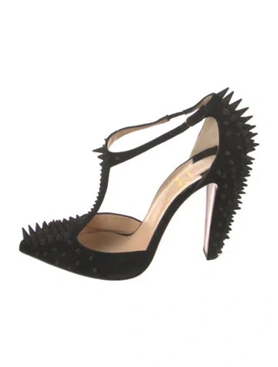 Pre-owned Christian Louboutin Spike Accents Suede T-strap Pumps In Black