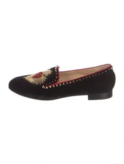 Pre-owned Christian Louboutin Spike Accents Velvet Loafers In Black
