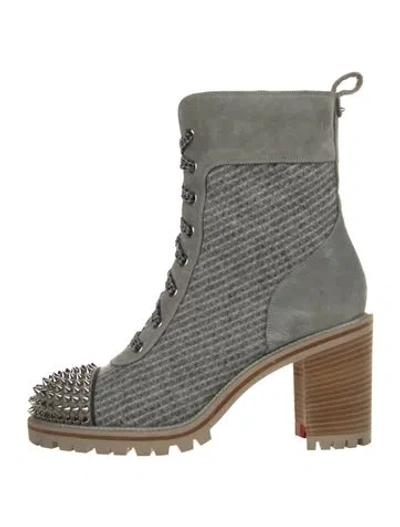 Pre-owned Christian Louboutin Spike Accents Wool Lace-up Boots In Gray