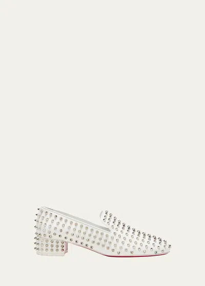 Christian Louboutin Spikeasy Studded Red Sole Slip-on Loafers In Biancolin Bianco