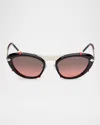 Christian Louboutin Spiked Oval Acetate Sunglasses In Shiny Black Front Shiny Pale Gold Red Gradient