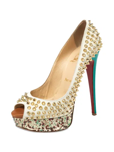 Pre-owned Christian Louboutin Spiked Peep-toe Pumps In White