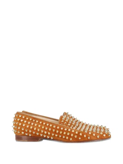 Pre-owned Christian Louboutin Spikes-detail Suede Loafers In Brown