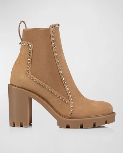 Christian Louboutin Spikes Suede Chelsea Red Sole Booties In Beige