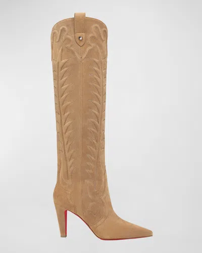CHRISTIAN LOUBOUTIN STITCHED SUEDE RED SOLE WESTERN BOOTS