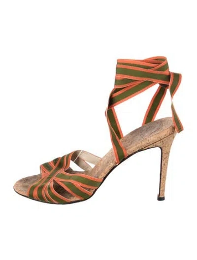 Pre-owned Christian Louboutin Striped Grosgrain Trim Sandals In Green/orange