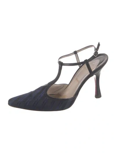 Pre-owned Christian Louboutin Striped T-strap Pumps In Blue
