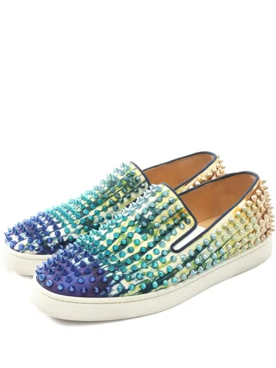 Pre-owned Christian Louboutin Stud-embellished Slip-on Sneakers In Blue