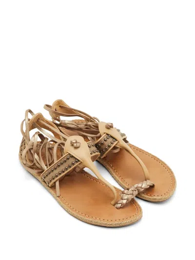 Pre-owned Christian Louboutin Studded Ankle-strap Flat Sandals In Neutral