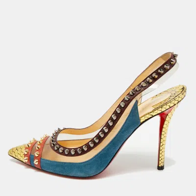 Pre-owned Christian Louboutin Studded Cloo Size 37.5 Multicolor Pvc Snakeskin And Suede Slingback Pumps