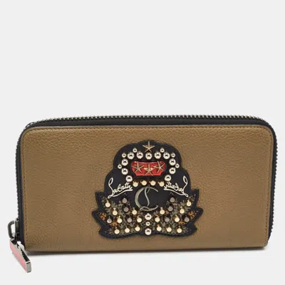Pre-owned Christian Louboutin Studded Panettone Olive Green Leather Continental Wallet