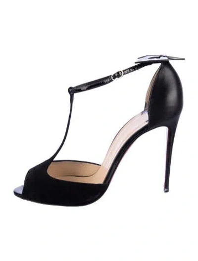 Pre-owned Christian Louboutin Suede Bow Accents T-strap Pumps In Black