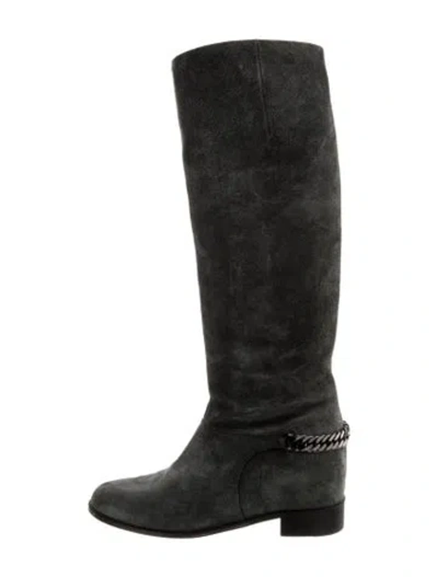 Pre-owned Christian Louboutin Suede Chain-link Accents Riding Boots In Gray