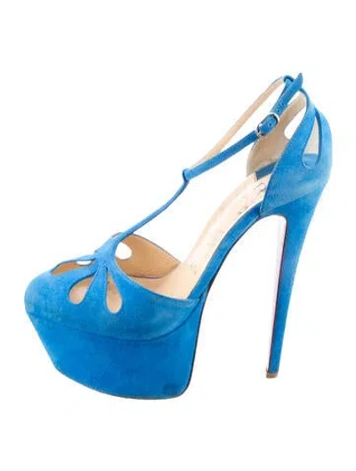 Pre-owned Christian Louboutin Suede Cutout Accent T-strap Pumps In Blue