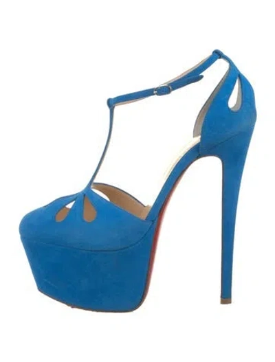 Pre-owned Christian Louboutin Suede Cutout Accent T-strap Pumps In Blue