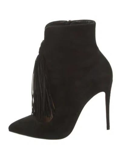 Pre-owned Christian Louboutin Suede Fringe Trim Accent Sock Boots In Black