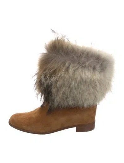 Pre-owned Christian Louboutin Suede Fur Trim Boots In Brown