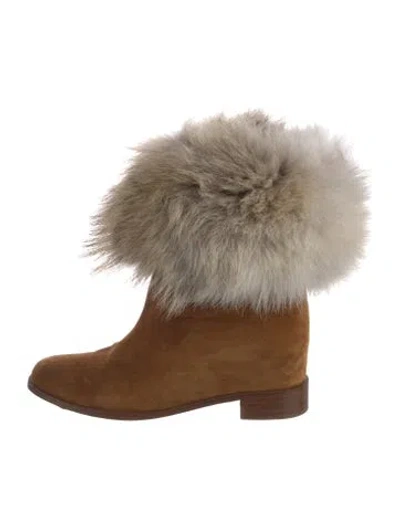 Pre-owned Christian Louboutin Suede Fur Trim Boots In Neutrals