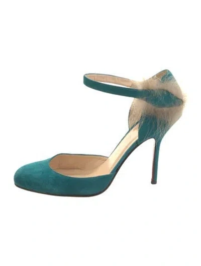 Pre-owned Christian Louboutin Suede Fur Trim D'orsay Pumps In Blue