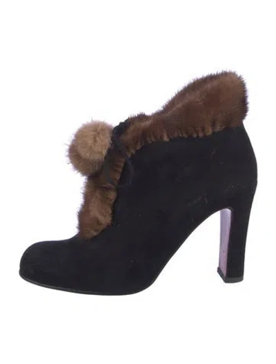Pre-owned Christian Louboutin Suede Fur Trim Lace-up Boots In Multi