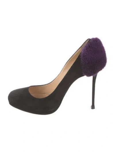 Pre-owned Christian Louboutin Suede Fur Trim Pumps In Purple