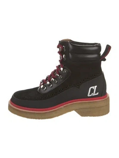 Pre-owned Christian Louboutin Suede Leather Trim Embellishment Lace-up Boots In Black