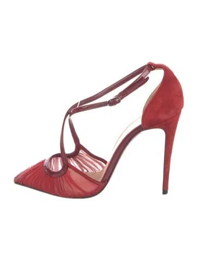 Pre-owned Christian Louboutin Suede Pleated Accents T-strap Pumps In Red