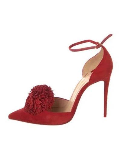 Pre-owned Christian Louboutin Suede Pom-pom Embellishments D'orsay Pumps In Red