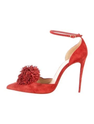 Pre-owned Christian Louboutin Suede Pom-pom Embellishments D'orsay Pumps In Red