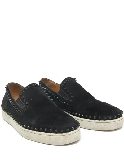 Pre-owned Christian Louboutin Suede Spike Boat Shoes In Black
