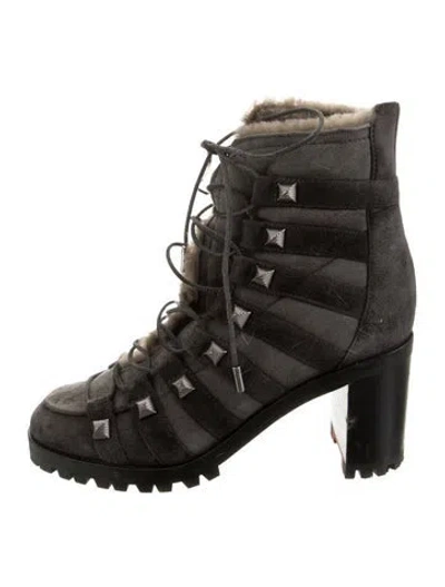 Pre-owned Christian Louboutin Suede Studded Accents Combat Boots In Gray