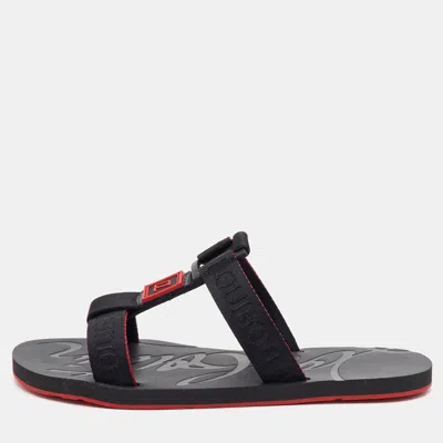 Pre-owned Christian Louboutin Surf Flat Size 43 Black/red Fabric Logo Strap Slide Sandals