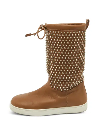 Pre-owned Christian Louboutin Surlapony Spiked Boots In Brown