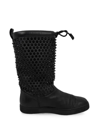 Pre-owned Christian Louboutin Surlapony Spiked Mid-calf Boots In Black