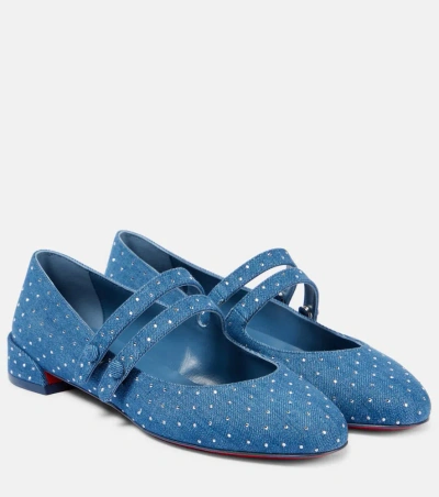 Christian Louboutin Sweet Jane Embellished Denim Mary Jane Flats In Blue