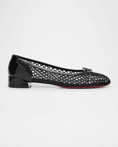 Christian Louboutin Sweetie Jane 20 Patent Leather-trimmed Fishnet Ballet Flats In Black