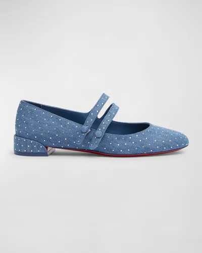 Christian Louboutin Sweet Jane Strass Denim Red Sole Ballerina Flats In Blue