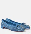 Christian Louboutin Sweetie Jane Spikes Denim Red Sole Flats In Blue