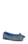 Christian Louboutin Sweetie Jane Spikes Denim Red Sole Flats In Blue/silver/lin Jeans