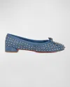 Christian Louboutin Sweetie Jane Spikes Denim Red Sole Flats In Blue Jeans