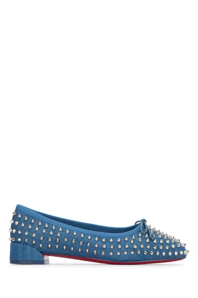 Christian Louboutin Sweetie Jane Spikes Denim Red Sole Flats In Bluesvlinjeans