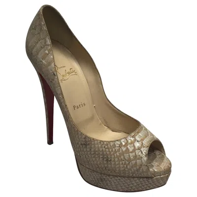 Pre-owned Christian Louboutin Tan & Metallic Snake Platform Peep Toe Pumps - 41 In Brown