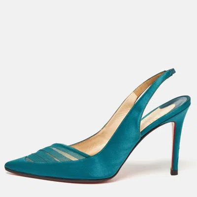 Pre-owned Christian Louboutin Teal Satin And Pleated Fabric Slingback Pumps Size 38 In Green